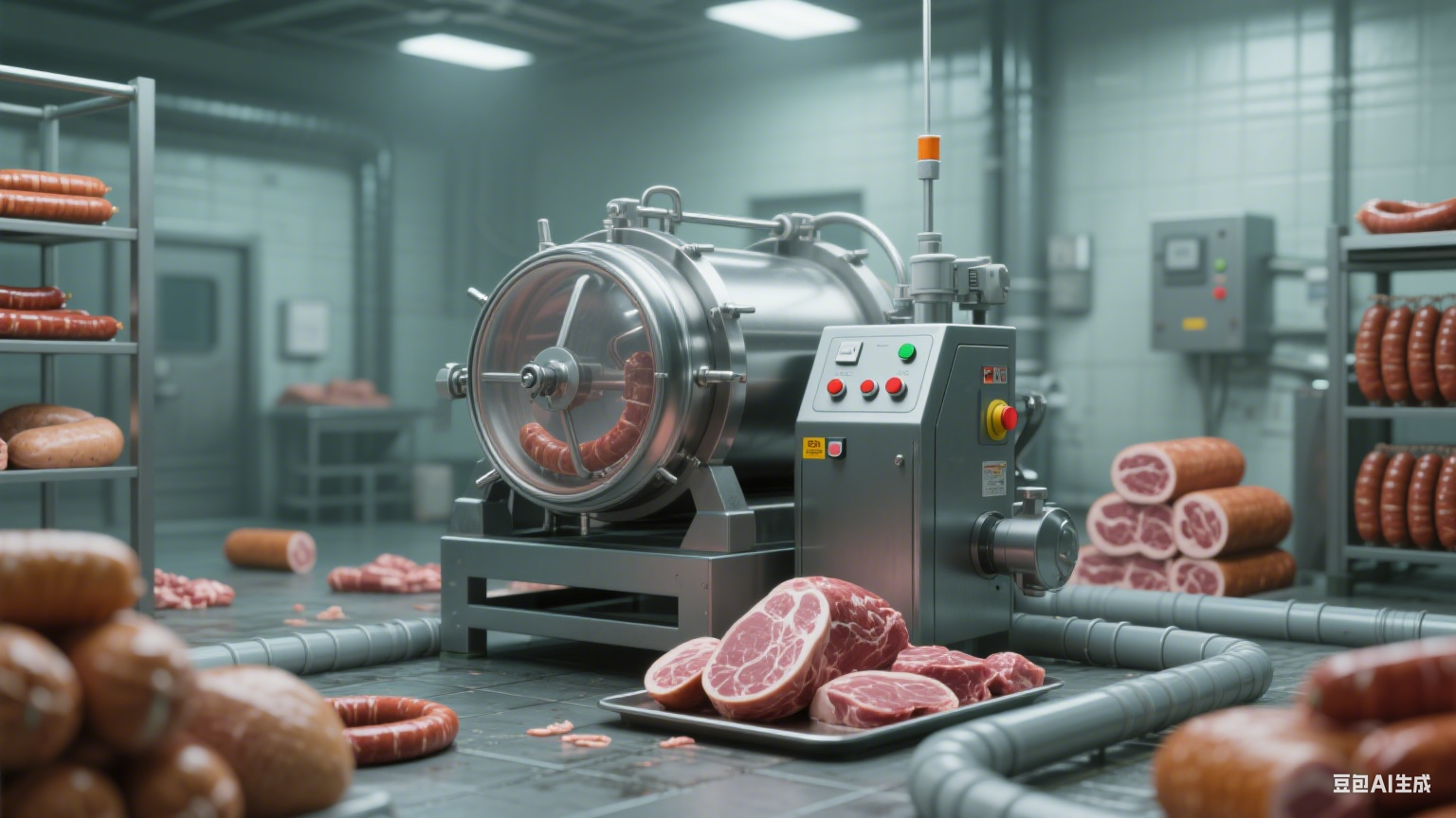 在肉制品加工领域,如香肠、火腿、培根、酱卤肉等生产过程中,滚揉机是提升肉类品质的关键设备(1) 在肉制品加工领域,如香肠、火腿、培根、酱卤肉等生产过程中,滚揉机是提升肉类品质的关键设备(1)