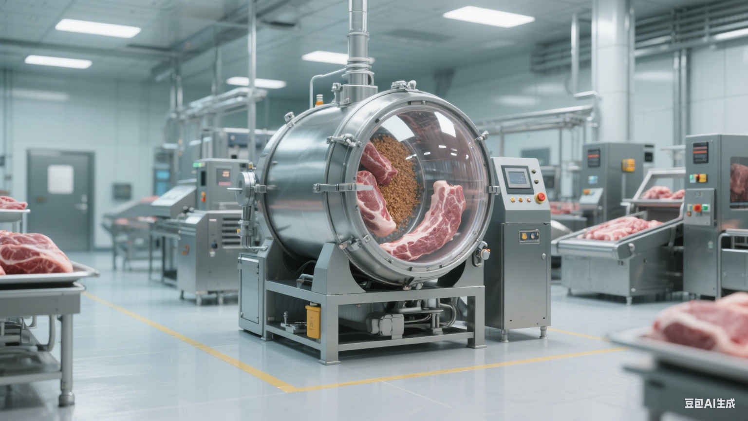 在肉制品加工领域,如香肠、火腿、培根、酱卤肉等生产过程中,滚揉机是提升肉类品质的关键设备(3) 在肉制品加工领域,如香肠、火腿、培根、酱卤肉等生产过程中,滚揉机是提升肉类品质的关键设备(3)