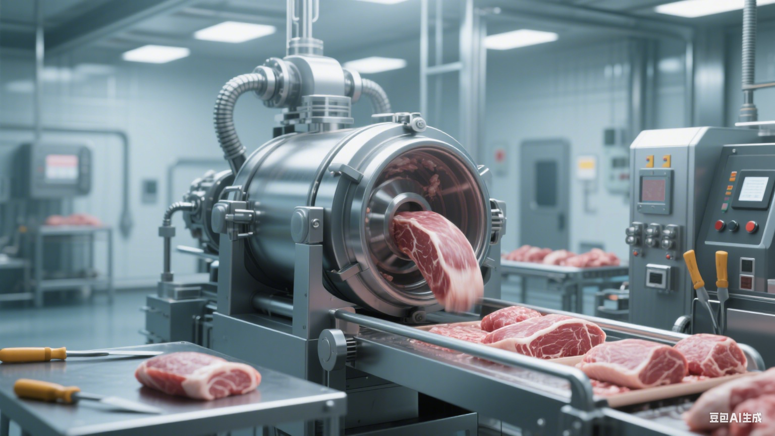 在肉制品加工领域,如香肠、火腿、培根、酱卤肉等生产过程中,滚揉机是提升肉类品质的关键设备(5) 在肉制品加工领域,如香肠、火腿、培根、酱卤肉等生产过程中,滚揉机是提升肉类品质的关键设备(5)