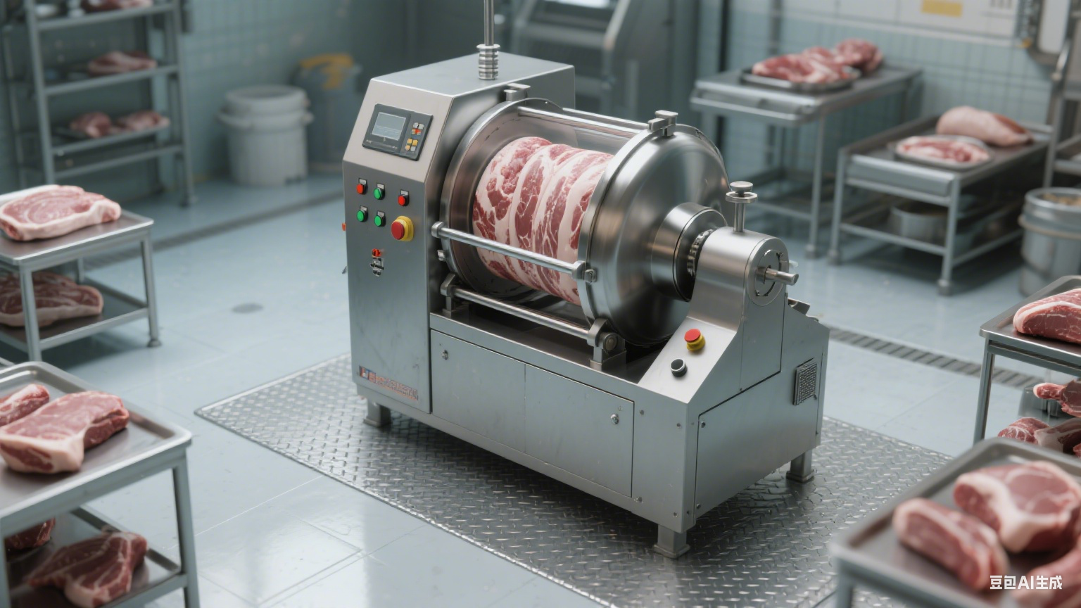 在肉制品加工领域,滚揉机作为提升肉类品质、优化生产流程的关键设备,相比传统手工腌制、简单搅拌等工艺,具备多方面突出优点(1) 在肉制品加工领域,滚揉机作为提升肉类品质、优化生产流程的关键设备,相比传统手工腌制、简单搅拌等工艺,具备多方面突出优点(1)